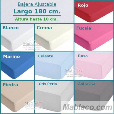 Sábana Bajera Ajustable Largo especial 180 cm y Altura 10 cm. Royal en 10 colores a elegir